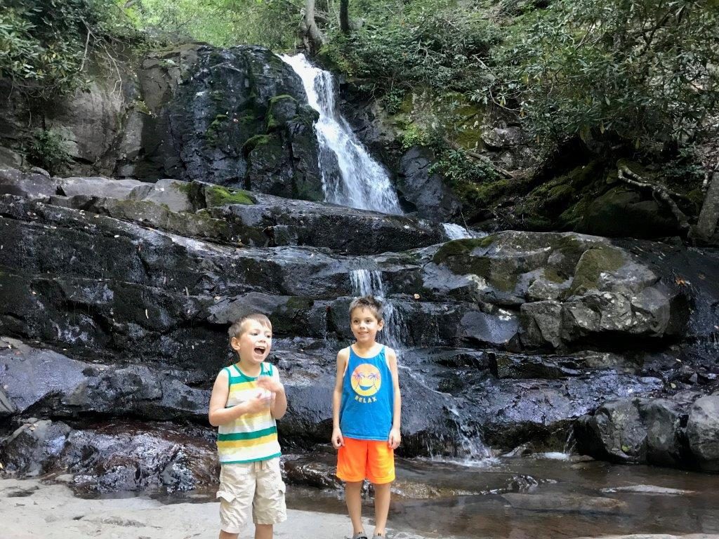 The boys posing in front of Laurel Falls in the Great Smoky Mountains