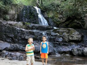 The boys posing in front of Laurel Falls in the Great Smoky Mountains