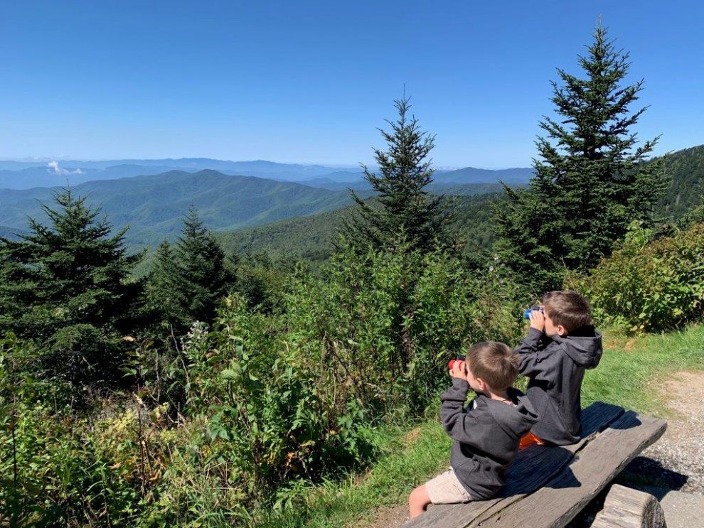 The boys sitting on a bench and testing their new binoculars looking over the mountainside.