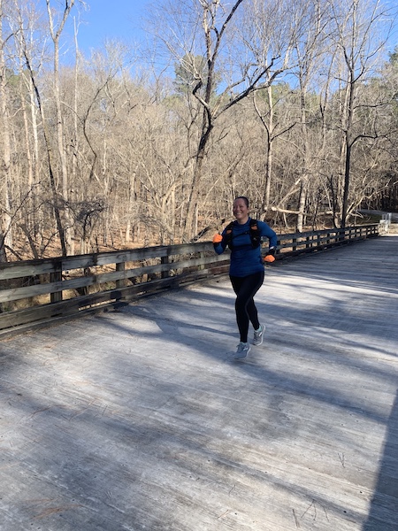 Crossing a frosty bridge in Umstead Park in Raleigh, NC.